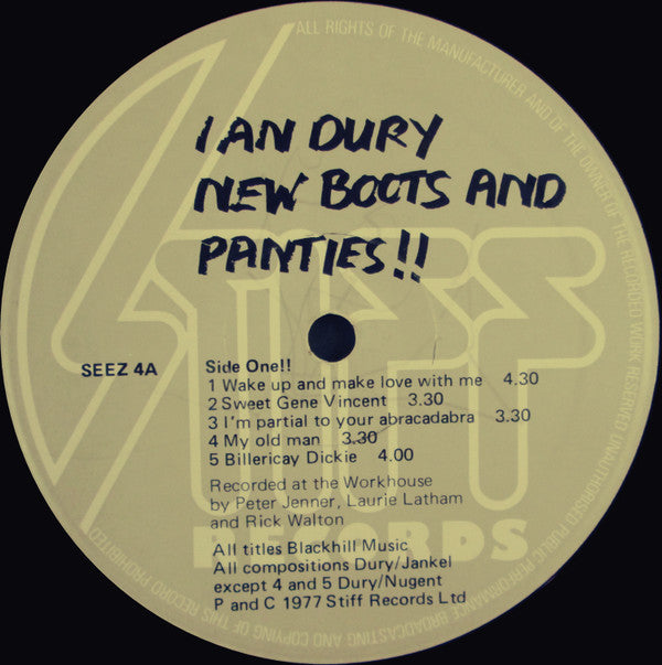 Image of Label Cover of LP - G+/G+ - IAN DURY, New Boots And Panties!! (Stiff Records; SEEZ 4, UK 1978 Reissue, Single Sleeve, Inner, STRAWBERRY Runouts), Lots of light hairlines, a couple of larger scuffs. Sleeve creased with small (~1") tear to spine. , - 3826338E