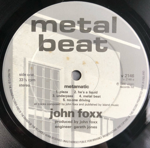 Image of Label Cover of LP - VG/VG - JOHN FOXX, Metamatic (Virgin; V2146, UK 1980, Inner), Sticker Damage To Sleeve, Stained Inner, Writing On Inner, Edge Wear, - 4246436S