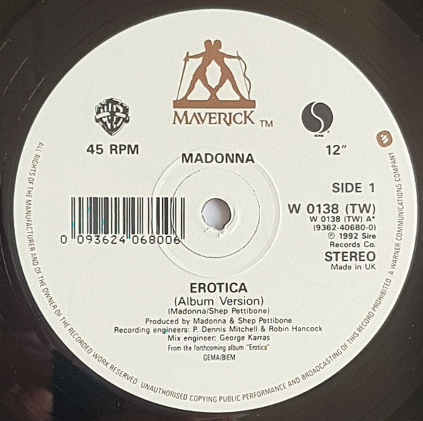 Image of Label Cover of 12" - VG/VG - MADONNA, Erotica (Maverick; W0138TW, UK 1992, Hype Stickered Sleeve, With Poster), Lovely unused poster, sleeve opening worn, light marks., - 3316035C
