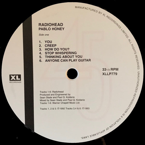 Image of Label Cover of LP - NEW/NEW - RADIOHEAD, Pablo Honey (XL; XLLP779, US 2016 Reissue, Inner), , Before the breakthrough that was 'The Bends' and the colossal 'OK Computer', there was the quietly magnificent 'Pablo Honey'. 'Creep' was the surprise hit single, but even that gave scant indication of how special this band would become. Benefiting from a raw production, the debut was undoubtedly less slick and accomplished than subsequent work, although Thom Yorke's vulnerable but impressive vocal styling