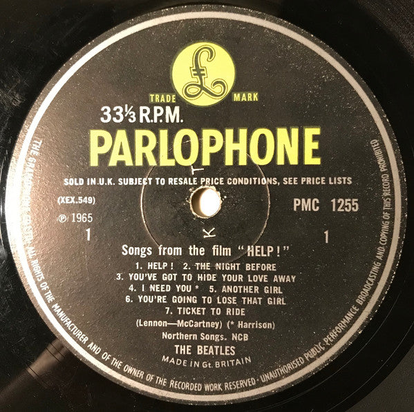 Image of Label Cover of LP - G+/VG - THE BEATLES, Help! (Parlophone Black/Yellow; PMC 1255, UK 1965, Laminated G&L Flipback Sleeve, Mono, XEX 549-2, XEX 550-2, Sans Serif Font, No Tax Code), Heavy Staining To Rear Sleeve, - 2526201E