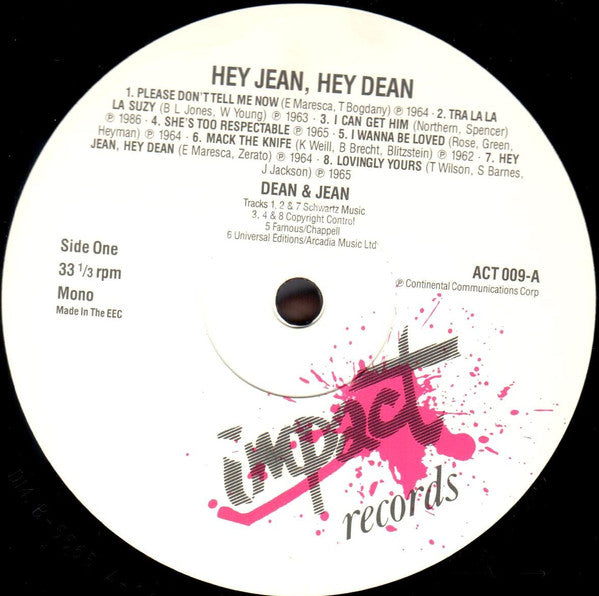 Image of Label Cover of LP - VG/VG+ - DEAN & JEAN, Hey Jean, Hey Dean - The Best Of Dean & Jean (Impact Records; ACT 009, UK 1986), , - 0816353C