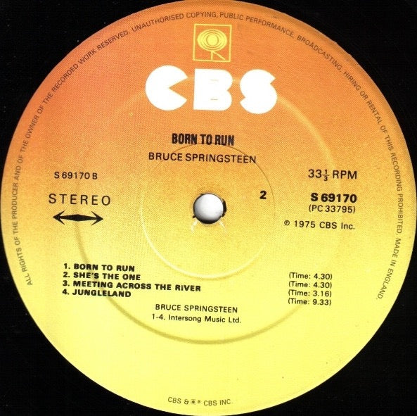 Image of Label Cover of LP - VG/VG+ - BRUCE SPRINGSTEEN, Born to Run (CBS Orange/Yellow; 69170, UK 1975, Gatefold, CBS at Bottom of Label), Strong VG+, Edge Wear, - 4326102E