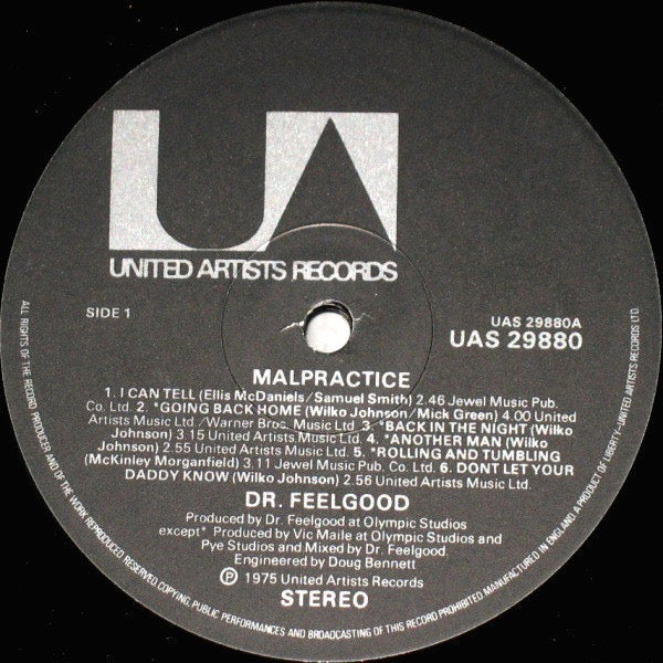 Image of Label Cover of LP - VG/G+ - DR. FEELGOOD, Malpractice (United Artists Records; UAS 29880, UK 1975, Laminated Sleeve, 'DOF/UP/75' Printer Code, Warner Bros Publishing Credit B2), , - 2946137S