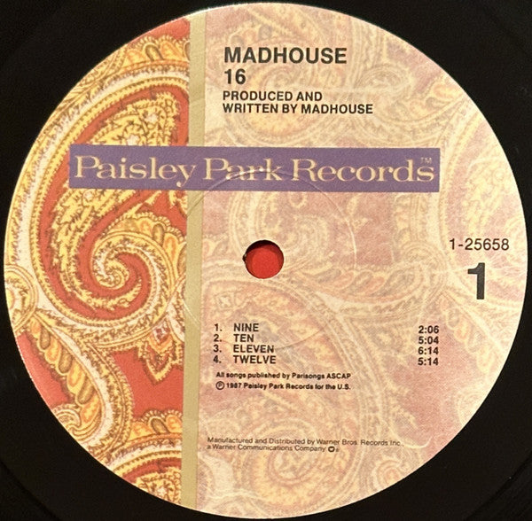 Image of Label Cover of LP - VG+/VG+ - MADHOUSE, 16 (New Directions In Garage Music) (Paisley Park; 925 658-1, US 1987, Inner, SRC press), Still in partially torn shrink. Cut-out (notched). Disc has only the lightest of marks., - 2616021C
