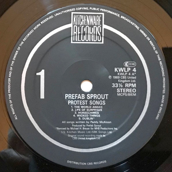 Image of Label Cover of LP - VG/VG - PREFAB SPROUT, Protest Songs (Kitchenware Records; KWLP 4, UK 1989, Textured Sleeve, Inner), Very Strong VG, - 3026131E