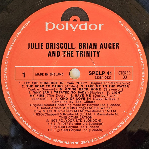 Image of Label Cover of LP - VG/VG+ - JULIE DRISCOLL, BRIAN AUGER AND THE TRINITY, Julie Driscoll, Brian Auger and the Trinity (Polydor; SPELP 41, UK 1980s Reissue), , - 3926410E