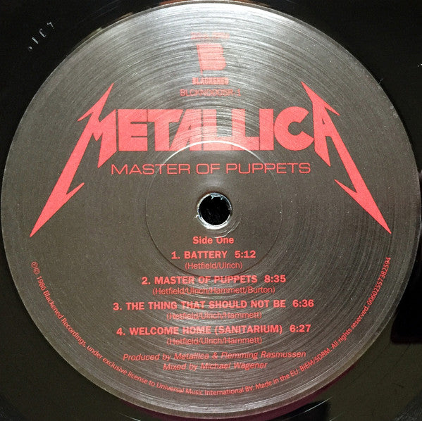 Image of Label Cover of LP - NEW/NEW - METALLICA, Master of Puppets (Blackened Recordings; 5738259, Europe 2017 Reissue, Insert, Download Code, Remastered, 180g, ), , Master of Puppets is the third studio album by Metallica; released on March 3 1986. Recorded at the Sweet Silence Studios with producer Flemming Rasmussen, it was the first Metallica album released on a major label. Master of Puppets was the band's last album to feature bassist Cliff Burton, who died in a bus crash in Sweden during the album's