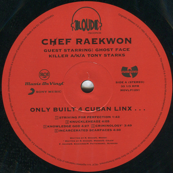 Image of Label Cover of 2xLP - NEW/NEW - RAEKWON, Only Built For Cuban Linx (RCA; MOVLP1291, Europe 2000s Reissue, 180 Gram Vinyl), , "Only Built 4 Cuban Linx..." is the solo debut of American rapper and Wu-Tang Clan member Raekwon. Produced by RZA and starring Ghostface Killah, it features appearances from every other member of the Wu-Tang Clan. It also features an acclaimed guest appearance from rapper Nas, which marked the first collaboration with a non-affiliated artist on a Wu-Tang related album. - 281
