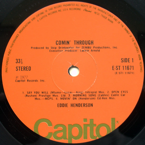 Image of Label Cover of LP - VG/VG - EDDIE HENDERSON, Comin' Through (EMI; EST11671, UK 1977, Picture Sleeve, Inner), , - 2326033E