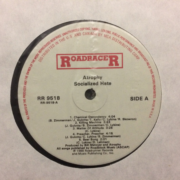 Image of Label Cover of 5225183E: LP - ATROPHY, Socialized Hate (Roadracer Records; RR 9518, US 1988, Inner) VG/VG+