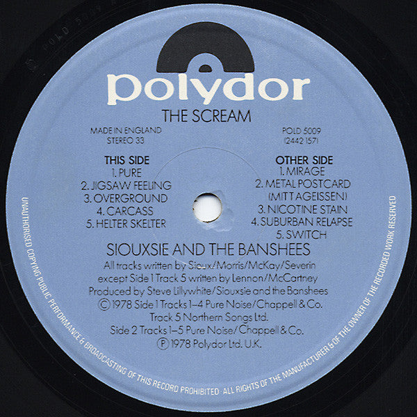 Image of Label Cover of LP - G+/G+ - SIOUXSIE AND THE BANSHEES, The Scream (Polydor; POLD 5009, UK 1978, Inner, Utopia Runouts Both Sides), Many light hairlines. Heavy edgewear. , - 3726037E