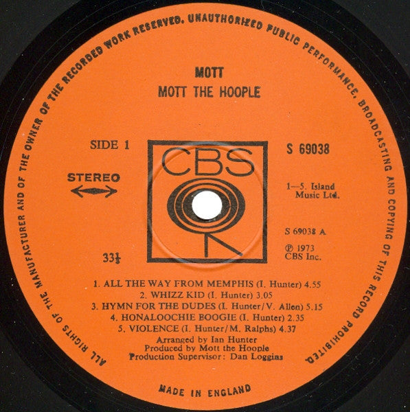 Image of Label Cover of LP - VG/VG+ - MOTT THE HOOPLE, Mott (CBS Orange ; 69038, UK 1973, Gatefold Die Cut with Acetate Print, Inner), Stickered Sleeve, - 1626298E