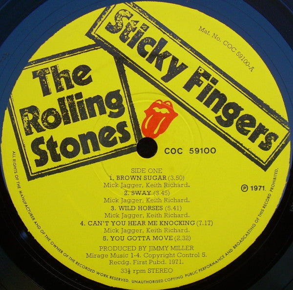 Image of Label Cover of LP - G/G+ - THE ROLLING STONES, Sticky Fingers (Rolling Stones; COC59100, UK 1971, Small Zip With Two Indented Lines Sleeve, No Insert, No "Promotone..." On Labels), Sticker Damage To Sleeve, Small Piece Of Sleeve Missing above Buckle, - 3326099E