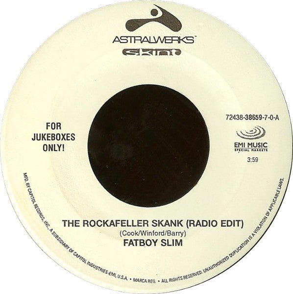Image of Back Cover of 7" - /VG+ - FATBOY SLIM, Praise You / Rockafeller Skank (Astralwerks Jukebox Centre; 72438-38659-7-0-A, US 1999, Plain Sleeve), Minor warp, DNAP., - 4316414C