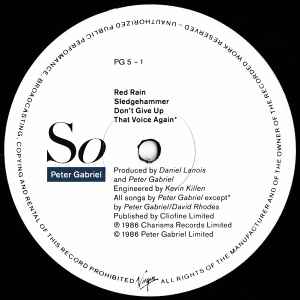 Image of Label Cover of LP - VG/VG - PETER GABRIEL, So (Charisma; PG 5, UK 1986, Inner, TOWNHOUSE Runout Both Sides), , - 3526081E