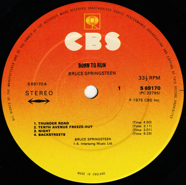 Image of Label Cover of LP - VG/G+ - BRUCE SPRINGSTEEN, Born to Run (CBS Orange/Yellow "Made In England" Bottom Of Label; 69170, UK 1975, Gatefold, "John" Landau Misspelled), Light scratches, staining, - 3546022S