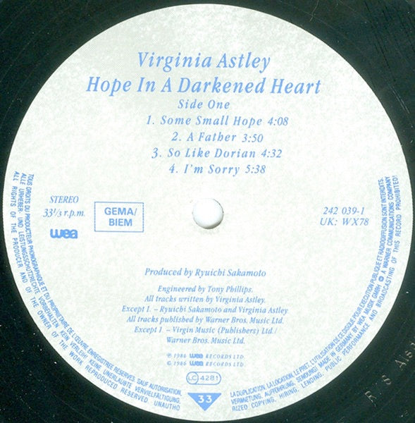 Image of Label Cover of LP - VG+/VG+ - VIRGINIA ASTLEY, Hope In A Darkened Heart (WEA; WX78, UK & Europe 1986, Textured Sleeve, Ryuichi Sakamoto), , - 0846338S