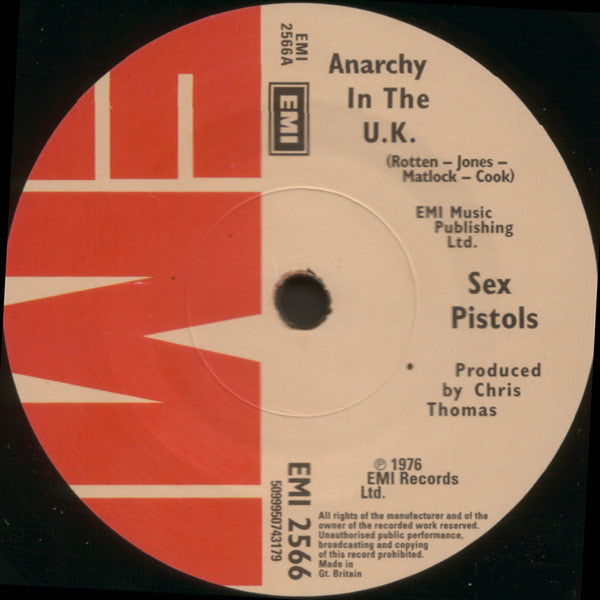 Image of Label Cover of 3725132E: 7" - SEX PISTOLS, Anarchy In The U.K / I Wanna Be Me (EMI; EMI 2566, Europe 2007 Reissue, Black Sleeve, Heavy Vinyl) Strong VG+ EX/VG+