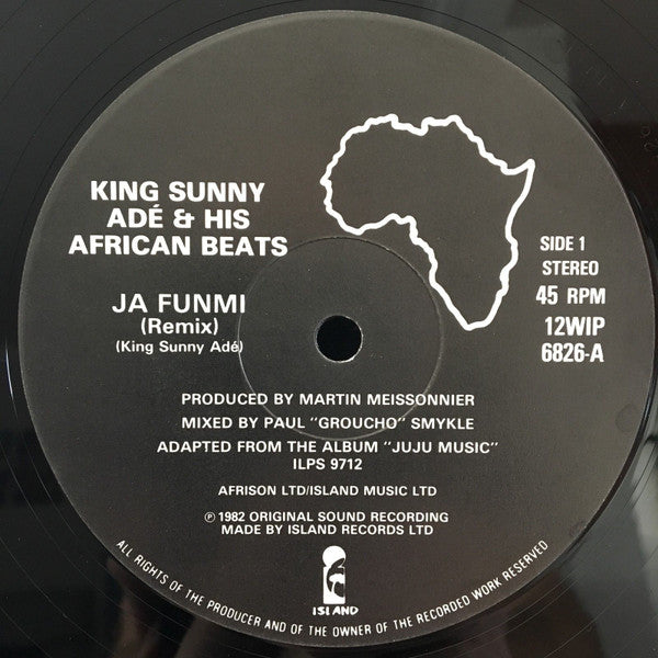 Image of Label Cover of 12" - VG/VG - KING SUNNY AD & HIS AFRICAN BEATS, Ja Funmi (Remix) (Island Records; 12WIP 6826, UK 1982, Stickered Company Sleeve), , - 2526311E