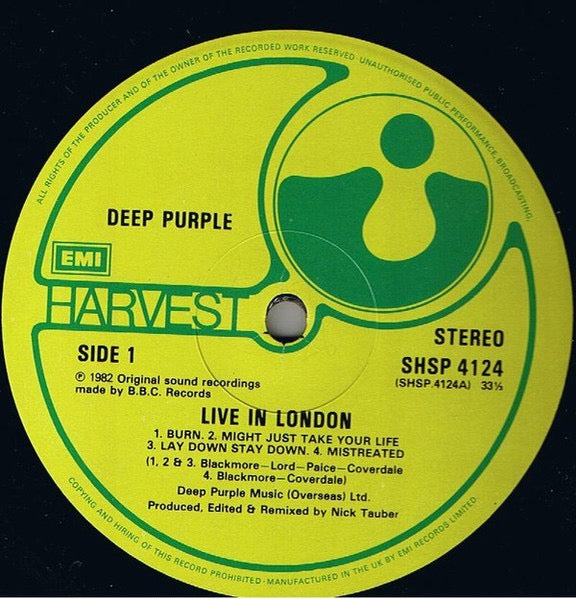 Image of Label Cover of LP - VG/VG+ - DEEP PURPLE, Live In London (Harvest; SHSP 4124, UK 1982, Inner), Cut-out (Corner cut). Old shop sticker on cover., - 0746084S