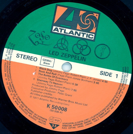 Image of Label Cover of LP - VG+/VG+ - LED ZEPPELIN, Led Zeppelin IV - Untitled (Atlantic Orange & Green; 50 008, Germany 1980s Reissue, Gatefold with W Embossed On Rear Sleeve, Inner, No Barcode, GEMA/BIEM BOX), , - 3226135E