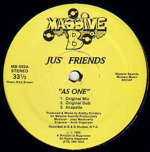Image of Front Cover of 12" - /VG - JUS' FRIENDS, As One (Massive B; MB 002, US 1992), Hariline marks only, plays VG+, - 4146123S