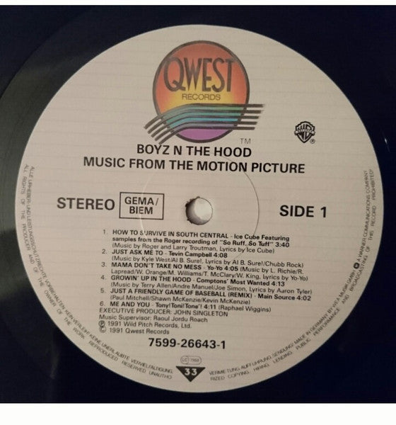 Image of Label Cover of LP - G+/G+ - VARIOUS, Boyz In The Hood - OST (Qwest; 7599-26643-1, Germany 1991, Picture Sleeve), Light hairlines and storage marks. Sleeve has wrtiting on the back and is a little bent., - 3516006C