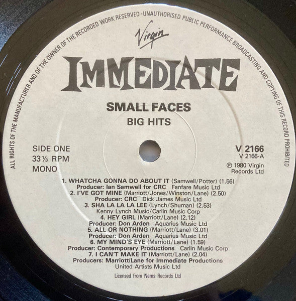 Image of Label Cover of LP - VG+/VG+ - SMALL FACES, Big Hits (Virgin; V 2166, UK 1980, Gatefold), , - 1126098E
