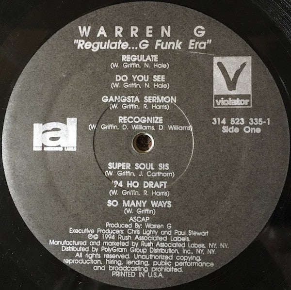 Image of Label Cover of LP - G+/G+ - WARREN G, Regulate...G Funk Era (Violator; 314 523 335-1, US 1994, Picture Sleeve, Inner), Lots of small marks, plays with some crackle and occasional clicks and pops. Sleeve has ring and corner wear, - 0626265E