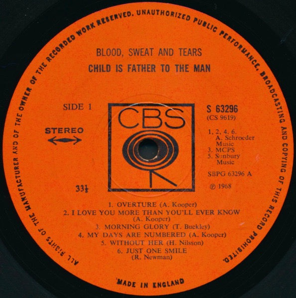 Image of Label Cover of LP - VG/VG - BLOOD, SWEAT AND TEARS, Child Is Father To The Man (CBS Orange Label; S 63296, UK 1968, Laminated Front Sleeve, Stereo), A few light marks, Ring wear to sleeve , - 3316218C