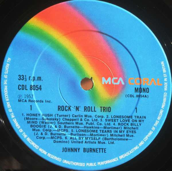 Image of Label Cover of 3925045E: LP - JOHNNY BURNETTE AND THE ROCK 'N ROLL TRIO, Johnny Burnette And The Rock 'N Roll Trio (MCA Coral; CDL 8054, UK 1978 Reissue, Mono) VG/VG
