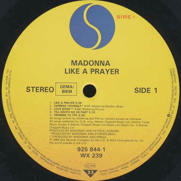 Image of Label Cover of LP - VG+/G+ - MADONNA, Like A Prayer (Sire - Johnny Yuma Credit On Label; 925 844-1, Europe 1989, Inner & AIDS Insert, RSA Pressing), Would be VG but 1 feelable scratch on last track, - 3946026S