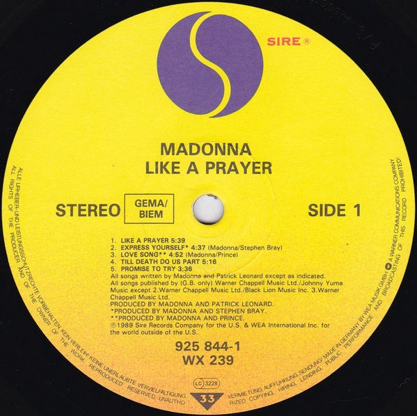 Image of Label Cover of LP - VG/VG - MADONNA, Like A Prayer (Sire - Johnny Yuma Credit On Labels; 925 844-1, Europe 1989, Inner, No AIDS Insert, RSA Pressing), , - 2426045E