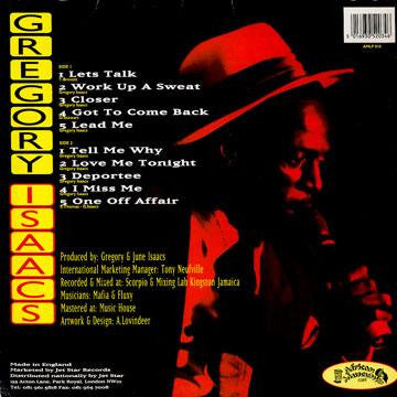 Image of Back Cover of LP - VG/VG - GREGORY ISAACS, Work Up A Sweat (African Museum; AMLP 010, UK 1994, Picture Sleeve), Light marks, strong VG, plays VG+., - 3846190S