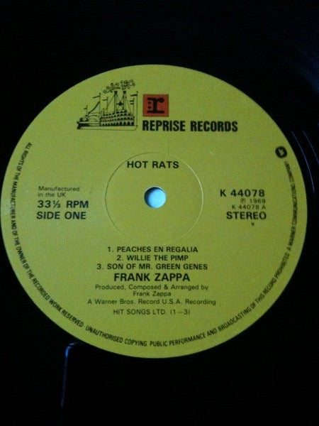Image of Label Cover of 4115103C: LP - FRANK ZAPPA, Hot Rats (Reprise Records; K 44078, UK 1980 Reissue, Gatefold, No Dip on Labels) VG/VG
