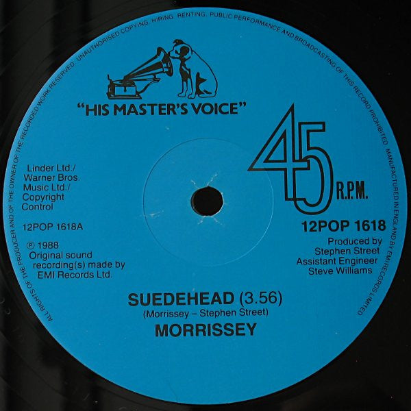 Image of Label Cover of 12" - VG+/VG - MORRISSEY, Suedehead (HMV; 12POP1618, UK 1988, Gold cover), , - 2526033E