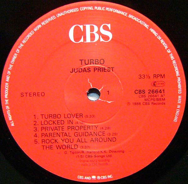 Image of Label Cover of LP - VG/VG - JUDAS PRIEST, Turbo (CBS; CBS 26641, UK 1986, Insert), Sellotape and tape damage to sleeve top and bottom. , - 2626280E