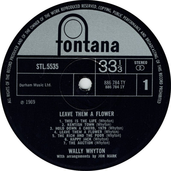 Image of Label Cover of LP - VG+/EX - WALLY WHYTON, Leave Them a Flower (Fontana; STL 5535, UK 1970, Laminated Sleeve), Lovely Copy, - 0626099E