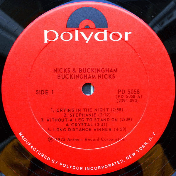 Image of Label Cover of LP - VG+/VG+ - BUCKINGHAM NICKS, Buckingham Nicks (Polydor; PD-5058, US 1973, Gatefold, PRC Pressing), Strong VG+, Cut-out (Notched), Company Inner, - 2926161E