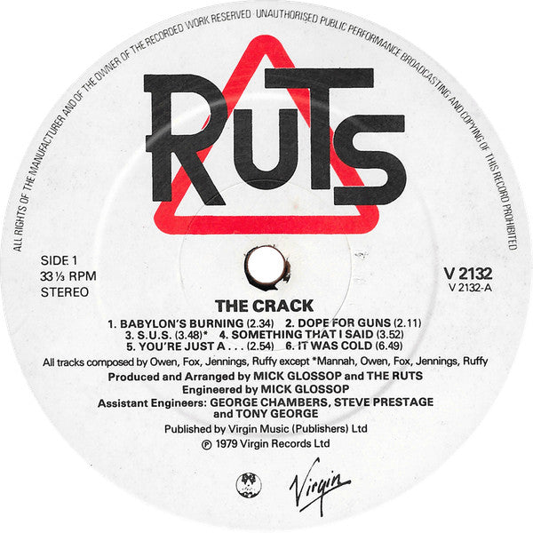 Image of Label Cover of LP - G+/VG - THE RUTS, The Crack (Virgin Custom Label; V 2132, UK 1979, Strawberry Mastering), Hairlines. Stickered sleeve. Heavy edge wear, small tears to opening edge., - 3346362S