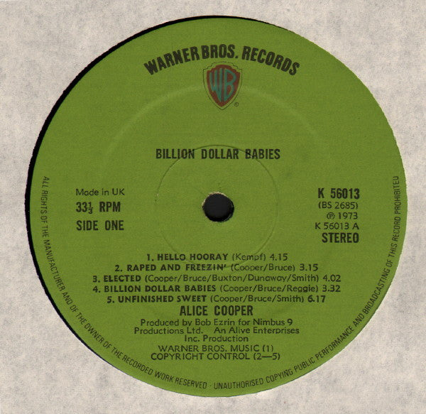 Image of Label Cover of LP - VG/G+ - ALICE COOPER, Billion Dollar Babies (WB Green With WB Orange Shield Logo; K56013, UK 1973, Embossed Gatefold Sleeve, Inner, Dollar Bill and Cut Outs), Light scratches & hairlines, tears on frame part inside gatefold, cut-outs removed in 3 strips, dollar bill crisp, edge wear, - 3746354S