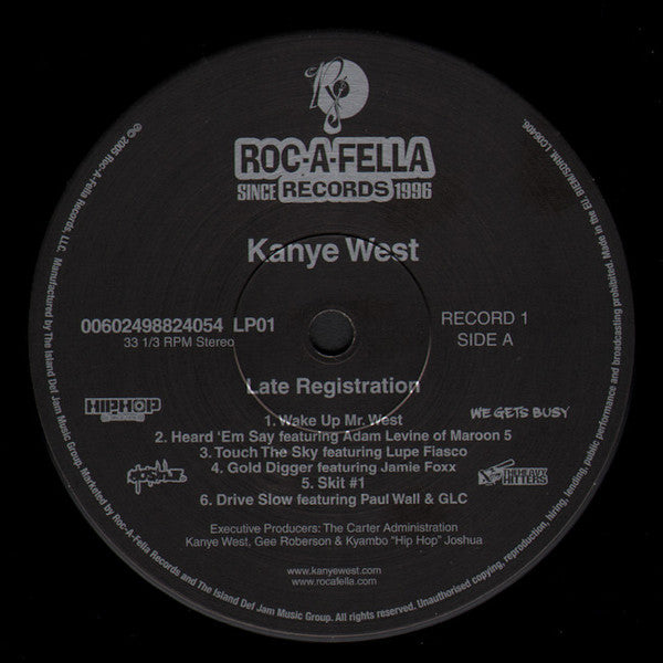 Image of Label Cover of 2xLP - NEW/NEW - KANYE WEST, Late Registration (Roc-A-Fella Records; 9882404, Europe 2018 Reissue, Insert), , "Late Registration" (2005) is the second studio album by Kanye West, known for its blend of hip-hop, soul, and orchestral elements. It features collaborations with artists such as Adam Levine, Jamie Foxx and Brandy. The album received universal acclaim, some praising its musical experimentation, while others praising its lyrical themes and West's delivery. It received multipl