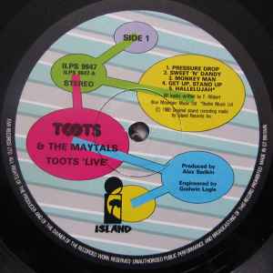 Image of Label Cover of LP - VG/VG - TOOTS & THE MAYTALS, Live (Island Records; ILPS 9647, UK 1980, Inner With Curved Corners, Live at Hammersmith Palais), Hairlines, , - 2346022S