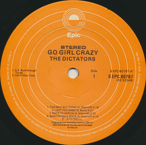 Image of Label Cover of 3715137C: LP - DICTATORS, Go Girl Crazy (Epic; EPC80767, UK 1975) Clean vinyl, Edge wear and a light crease to sleeve VG/VG+