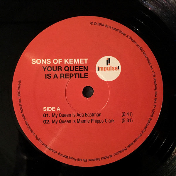 Image of Label Cover of 2xLP - VG+/VG - SONS OF KEMET, Your Queen Is A Reptile (Impulse!; B0027970-01, US 2018, Gatefold), Strong VG to disc. Sleeve has a slightly faded spine!, - 2816180C