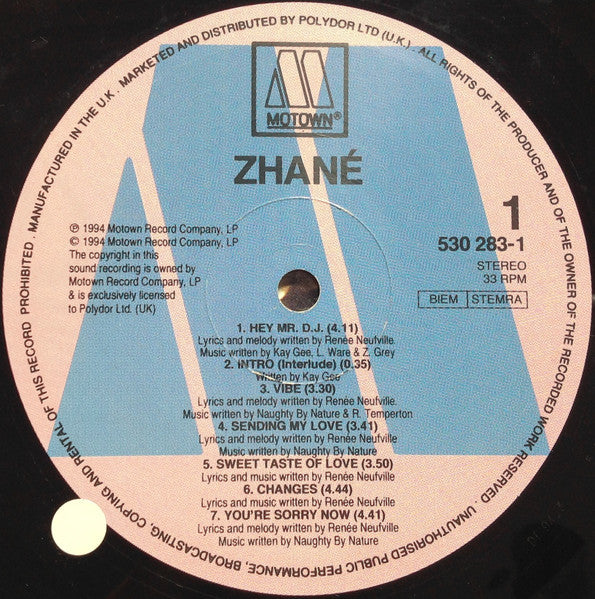 Image of Label Cover of LP - VG/G - ZHAN , Pronounced Jah-Nay (Motown; 530 283-1, UK & Europe 1994, Inner), Lots of marks to disc., - 3116250C