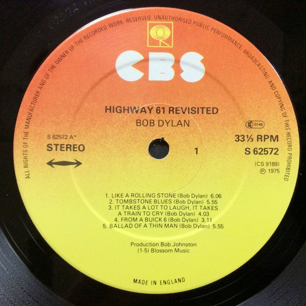 Image of Label Cover of LP - VG/VG+ - BOB DYLAN, Highway 61 Revisited (CBS Orange/Yellow, Made In England at Bottom of Label; 62572, UK 1970s Reissue, Stereo), Some light moisture marks along left side of cover., - 3646065S