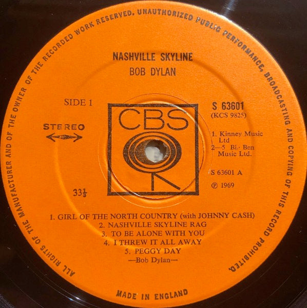 Image of Label Cover of LP - VG/VG - BOB DYLAN, Nashville Skyline (CBS Orange (33 1/3 On Label); 63601, UK 1973 Reissue, Non-Laminated Sleeve), Strong VG - a fwq hairlines, edge wear, - 4346310S