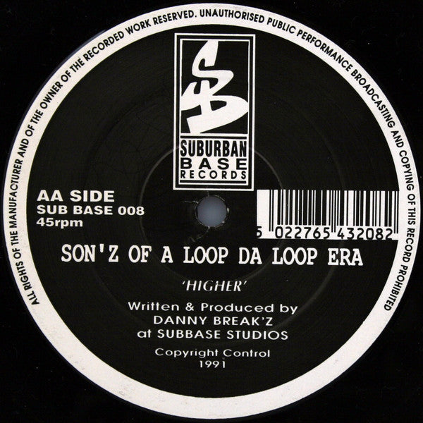 Image of Back Cover of 12" - /G - SON'Z OF A LOOP DA LOOP ERA, Far Out / Higher (Suburban Base Records; SUBBASE 008, Suburban Base Records SUB BASE 008, UK 1991, Company Sleeve), Plays with the odd click here & there. Doesn't skip or jump though., - 2326225E
